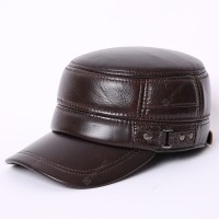 Skin Hat Autumn And Winter Men's Flat Top Military Cap Outdoor Casual Leather Duck Tongue Cap Ear Jar Cotton Leather Cap