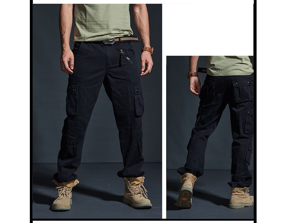 Men's Multi-pocket Men's Multi-bag Casual Trousers Outdoor Workshout Loose Straight Camouflage Multi-pack Pants Men's Long Military Pants - 0226 Black 33